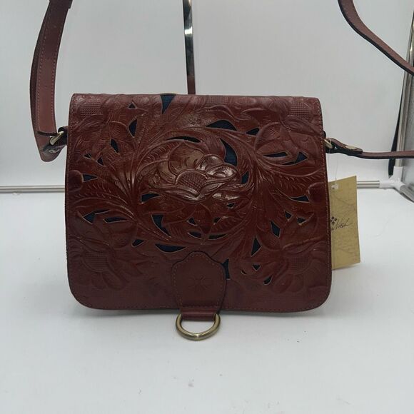 Patricia Nash Western Cutout Tooled Leather and Denim Convertible Crossbody - Picture 2 of 15